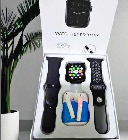 Reloj T55 Pro Max + Airpods 1 + Audífonos Bluetooth: